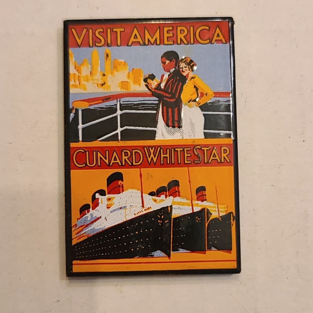 Vintage Cunard Cruise Visit America Enamel Magnet